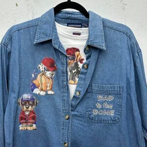Vintage 90s Set “Bad to The Bone” Puppy Dog Design Denim Button Up and tee
